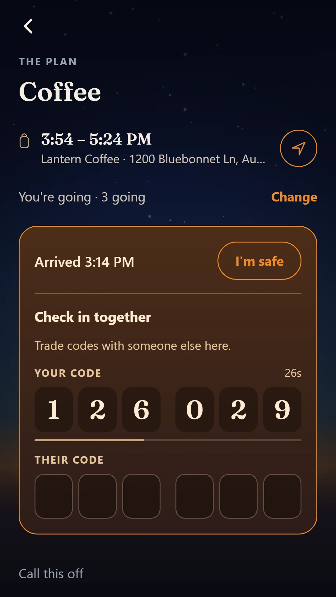 Kynward meetup safety check-in — tell us you arrived, and we'll check in afterwards